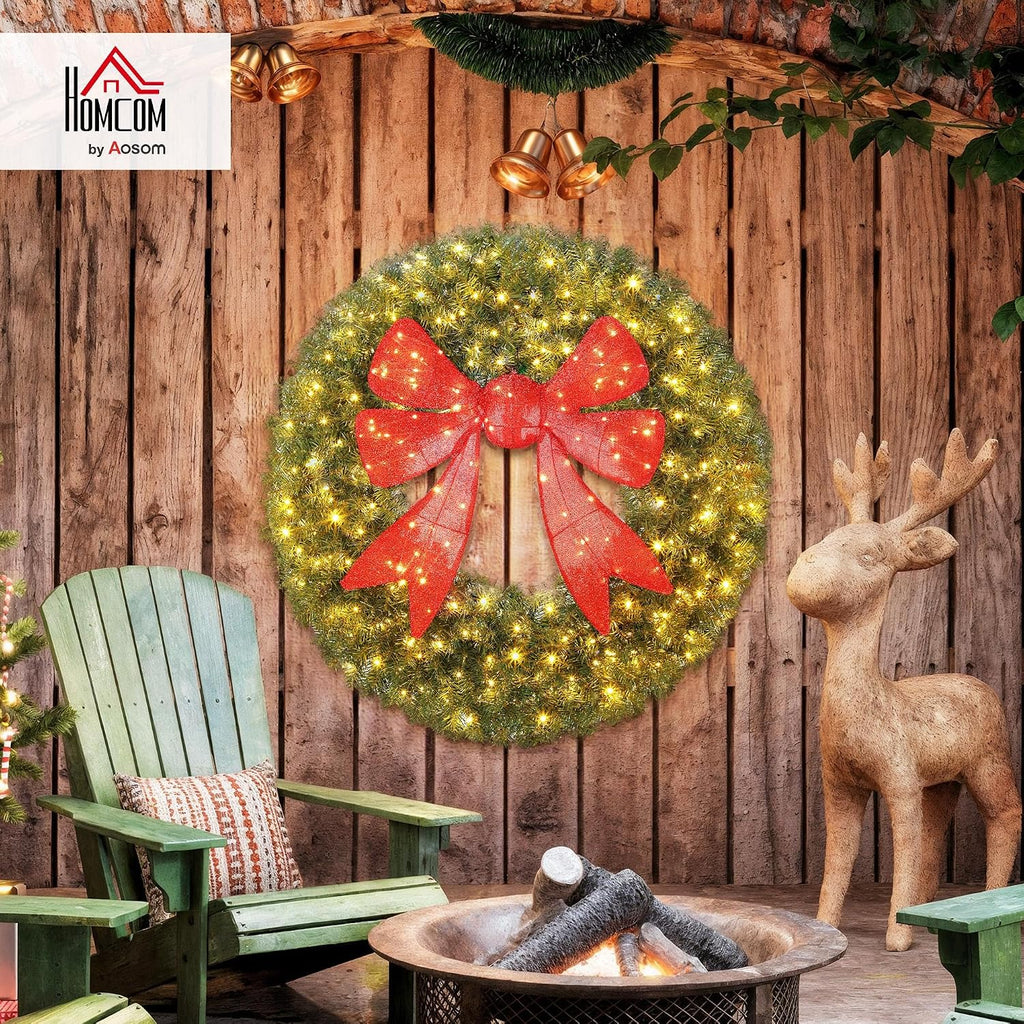 48in Flocked Pre-Lit Artificial Christmas Wreath with 3D Red Bow