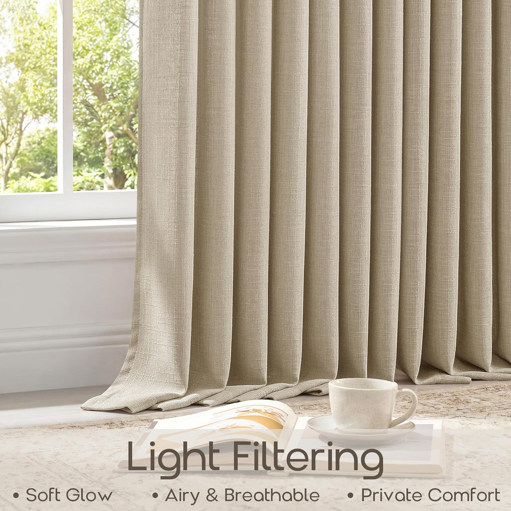 96 Inch Pinch Pleated Linen Oatmeal Curtains Sand Beige Cottage Light Filter Sheer Burlap Textured Pinch Pleat Drapes