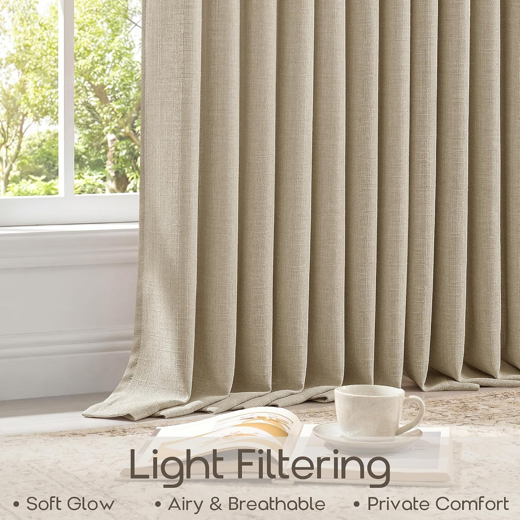 Pinch Pleat Linen Blend Light Filter Sheer Oatmeal Curtains 96 Inches Long