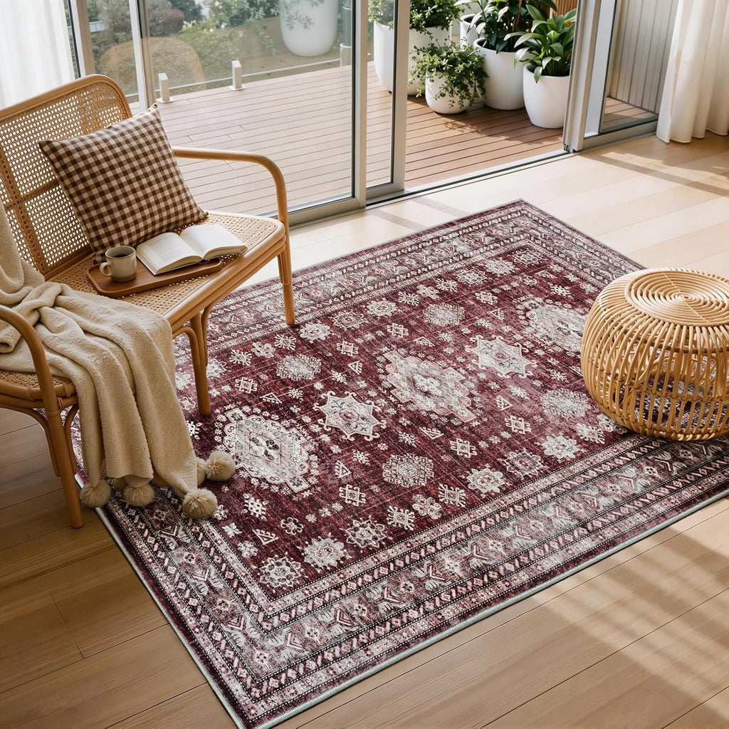 Washable 3x5 Area Rug, Boho Vintage Floral Rug Non Slip Low Pile Indoor Carpet, Durable Distressed F