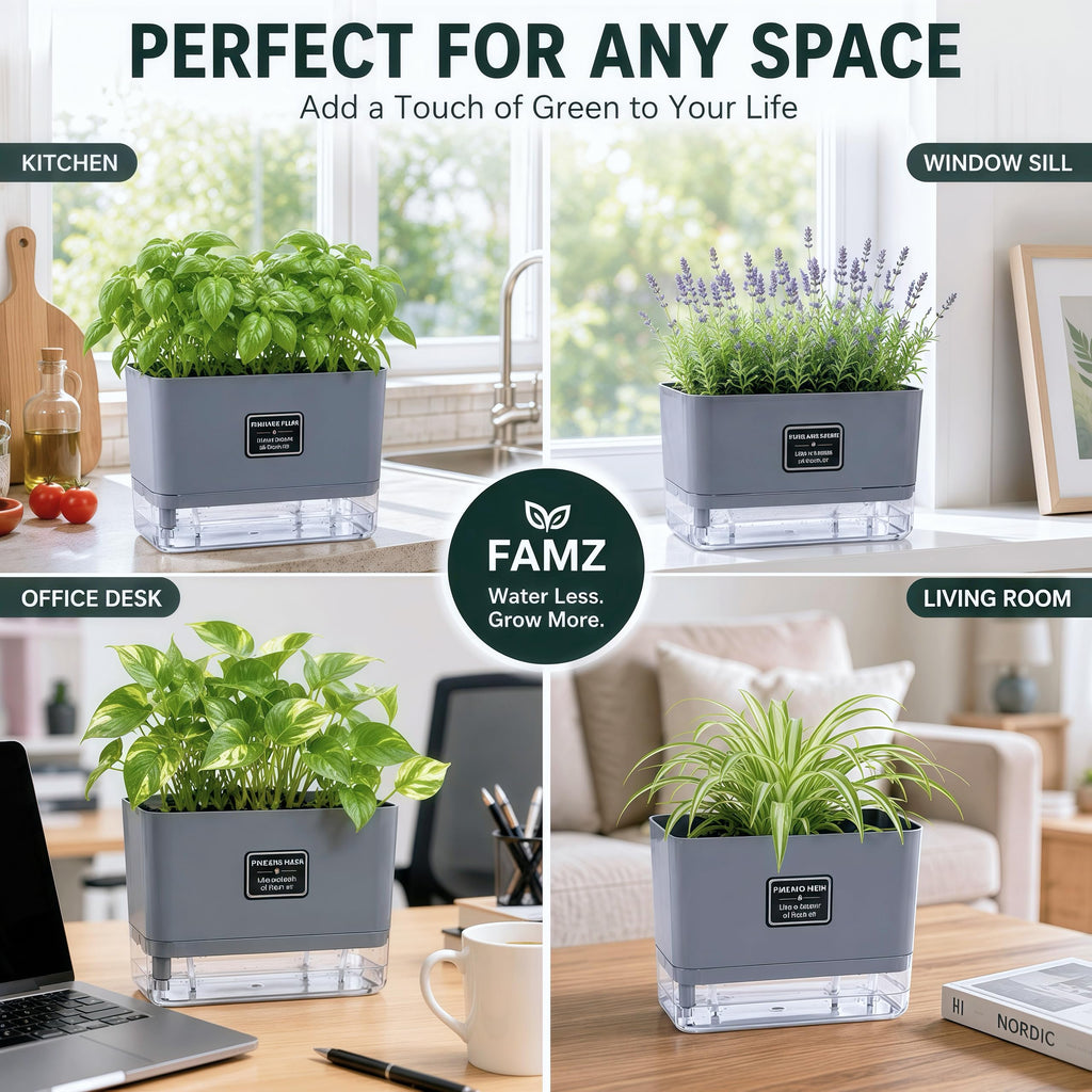 Self Watering Planters 4 Pack, 7 Inch Rectangle Plant Pots with Visible Water Reservoir, Indoor Outdoor Herb Planter
