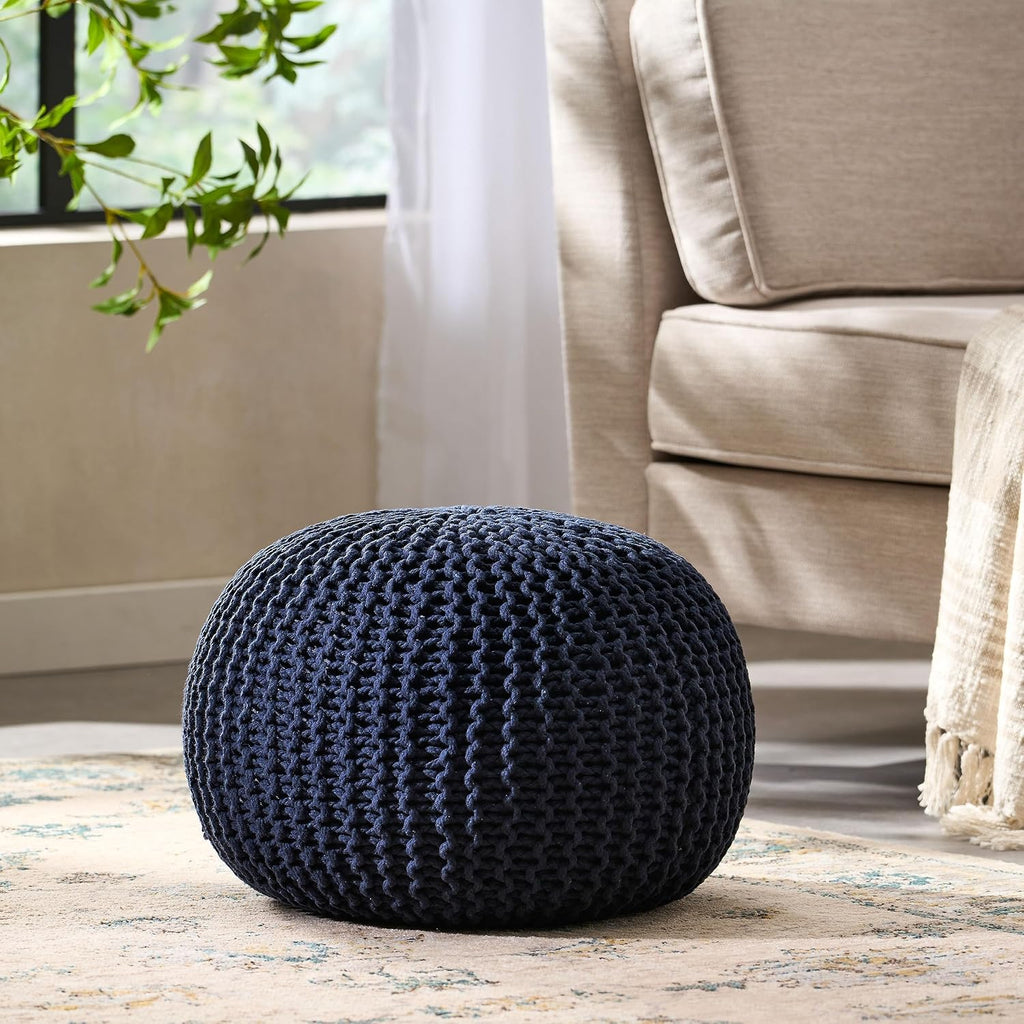 Nahunta Knitted Round Pouf - Cotton - Navy
