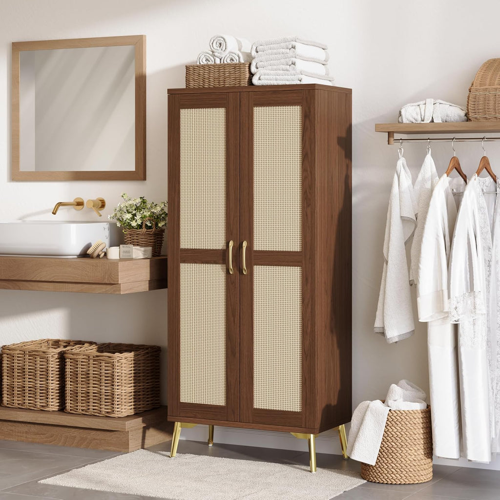 Tall Bathroom Storage Cabinet 57" Rattan Pantry Cabinet, Walnut | With Doors and Adjustable Shelves, Freestanding