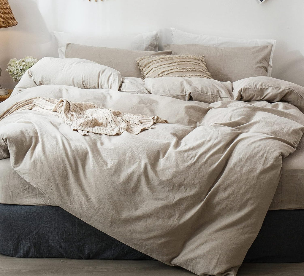 Bedding Duvet Cover Set 100% Washed Cotton Linen Like Textured Breathable Durable Soft Comfy (Heathered Tannish Linen
