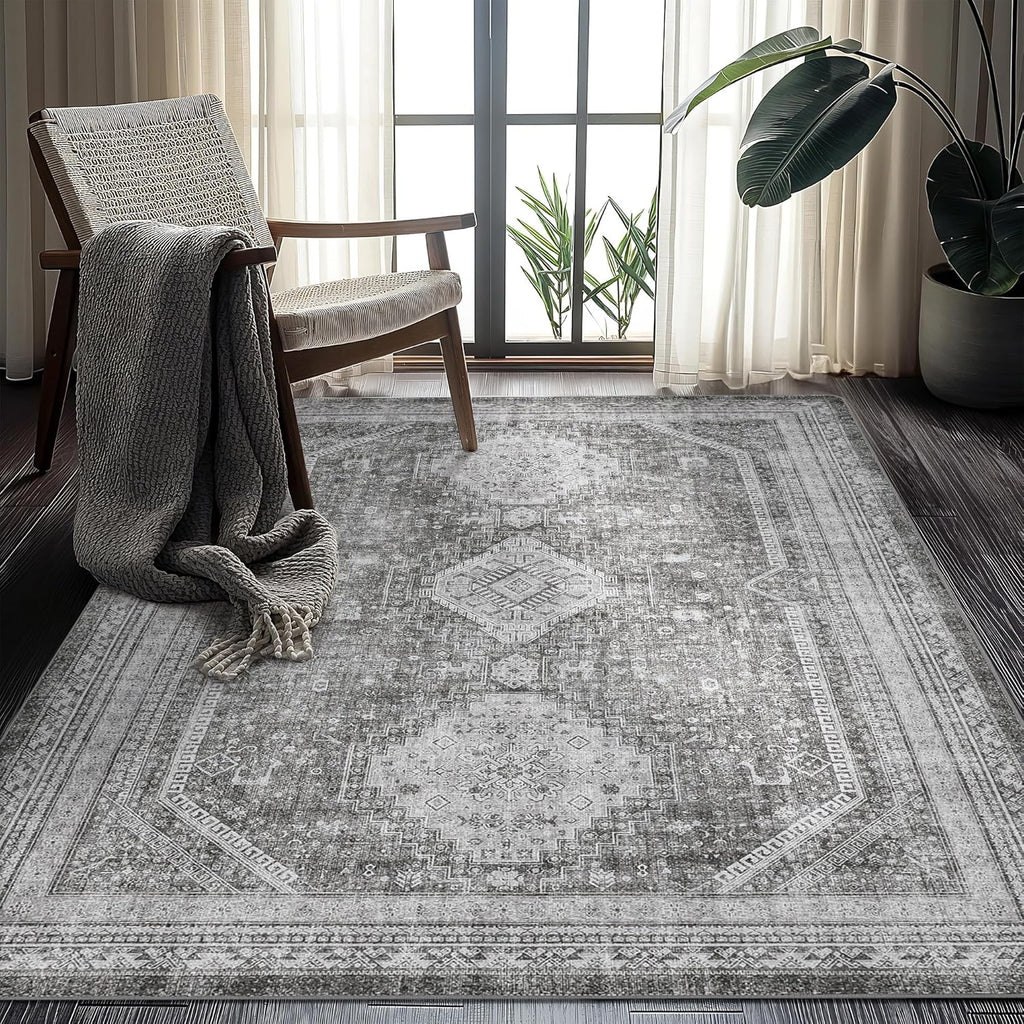 3x5 Vintage Area Rug, Machine Washable, Non Slip & Low Pile Lightweight for Living Room, Entryway, B
