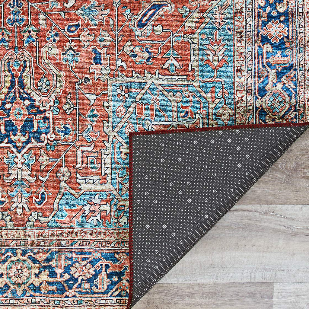 Heriz Non-Skid Polyester Rug - Ruby Digitally Printed Area Rug, Medallion Style, Durable Home Decor