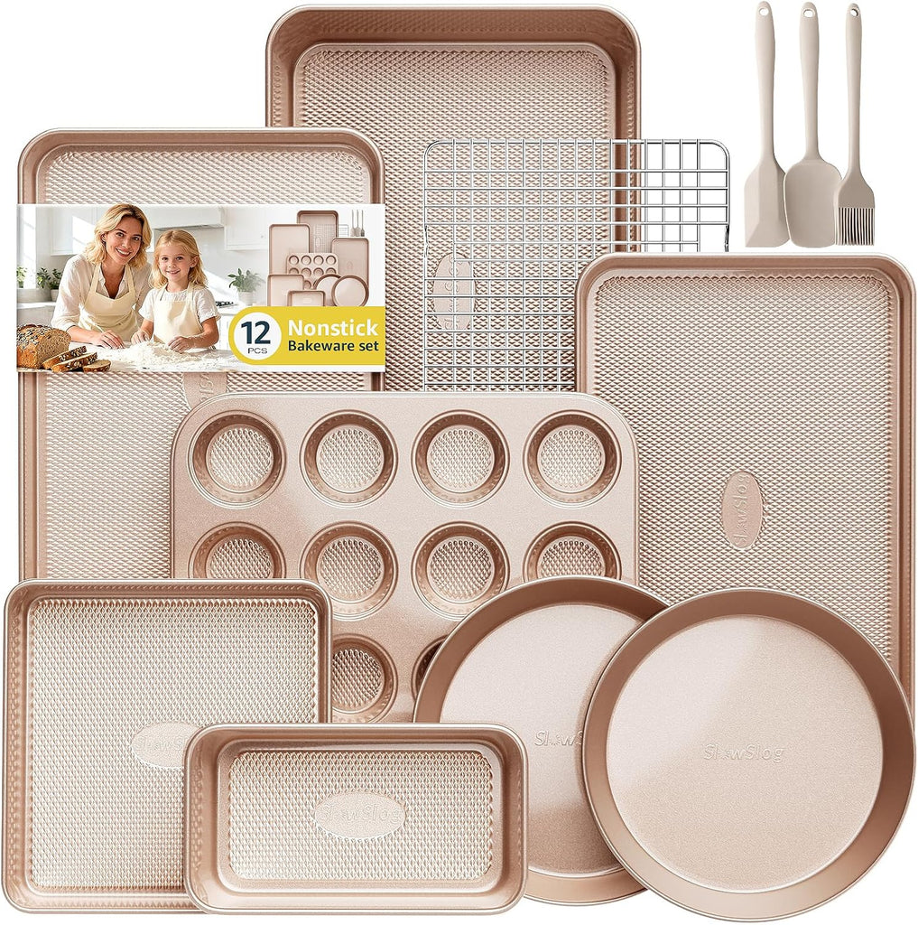 12-Piece Nonstick Bakeware Set with Pan - Ceramic Coated Gold | Set with Pan, Cake Pan, Muffin Pan, Loaf Pan, Square