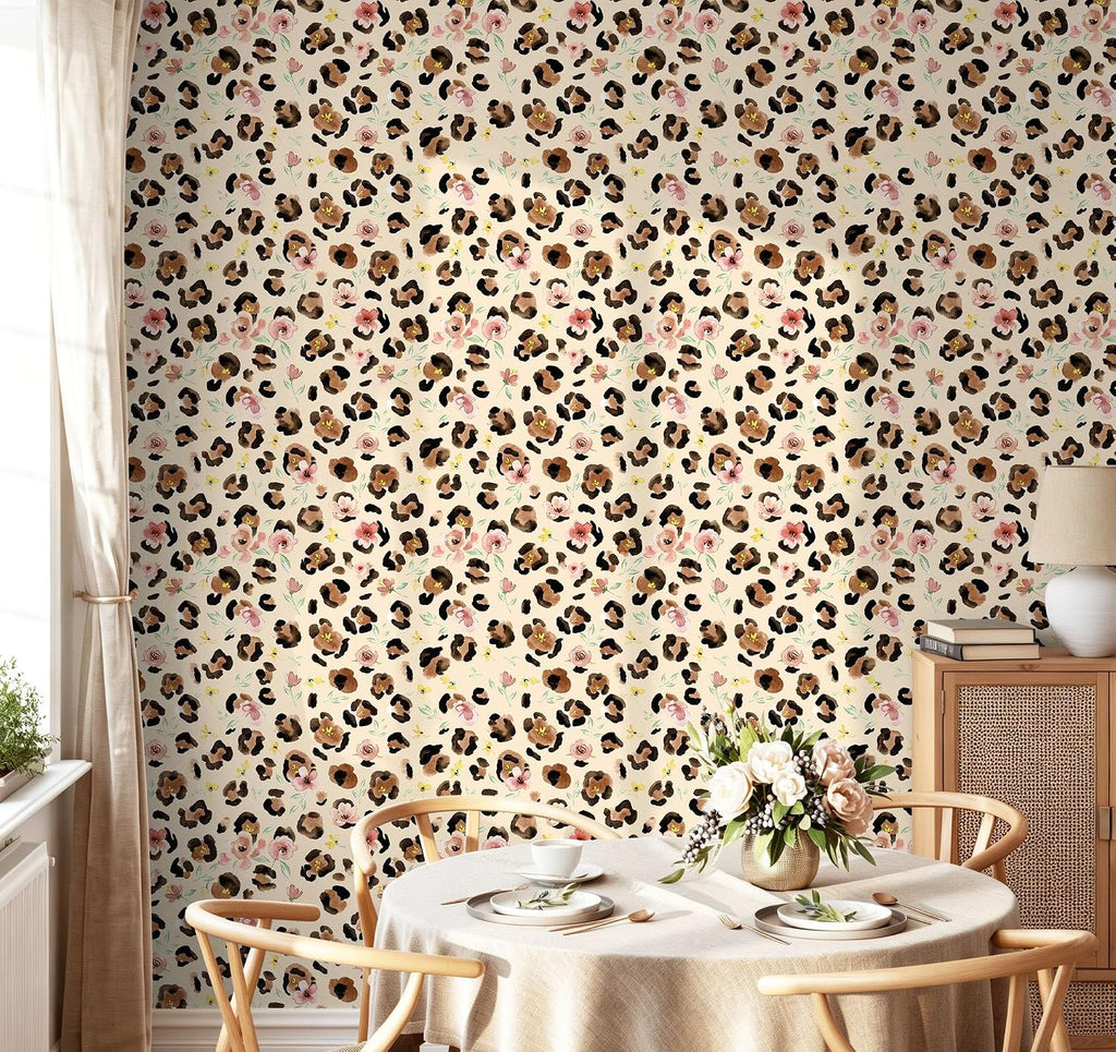 Floral Cheetah Print Peel and Stick Wallpaper Boho 17.3in x 32.8ft | Renter Friendly Self Adhesive Removable Chic