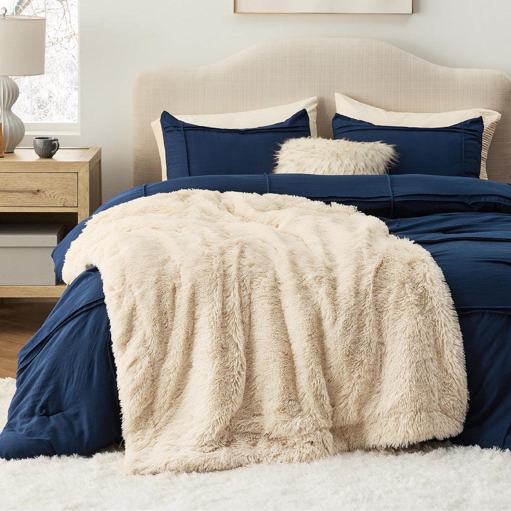 Faux Fur Fluffy Fleece Sherpa Blanket Couch Throw Beige 50"x60"