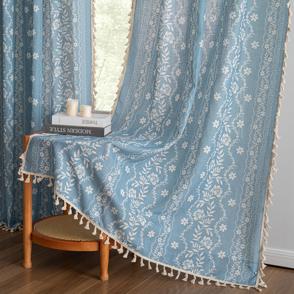 Dusty Blue Boho Floral Curtains 72 Inch Length Linen Blend