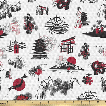 East Fabric by The Yard, Japanese Architecture Towers Palaces Houses Sketchy Silhouettes Dragon, Decorative Fabric