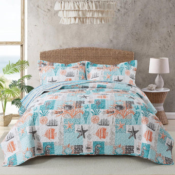 Coastal Quilt Summer Quilt, Ultra Soft & Lightweight Beach Quilt Bedding Set, Seaside Collection Bedspread