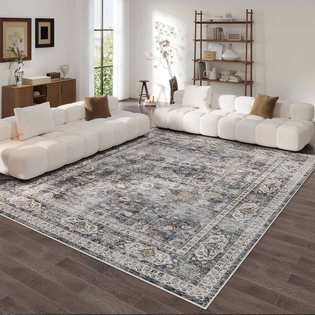 9x12 Rug Washable Boho Soft Large Area Rug Non-Slip Faux Wool Vintage Rug for Living Room, Farmhouse