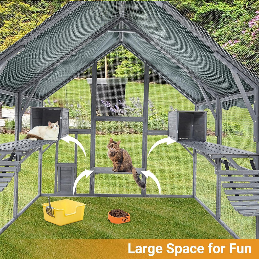 Large Wooden Outdoor Catio Cat Enclosure 110 Inch Weatherproof Walk-in Cat House with Resting Boxes & Bridges