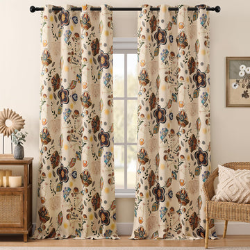 Boho Beige Floral Curtains 120 Inches Long 2 Panels Patterned Curtains