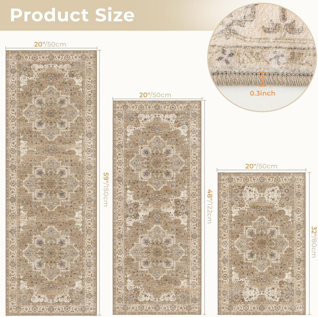 3 Piece Kitchen Rugs Sets with Runner, Washable Non Slip Soft Boho Kitchen Mats, Low Pile Stain Resistant Carpet