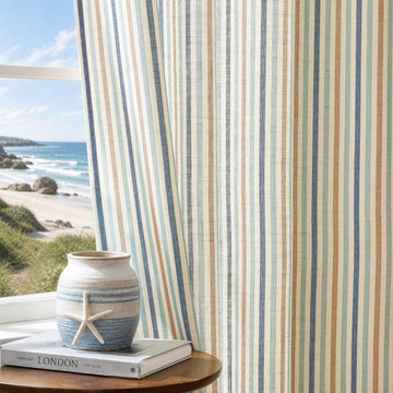 Linen Curtains 84" Ocean Stripe Pattern on Linen Grommet 2 Panels