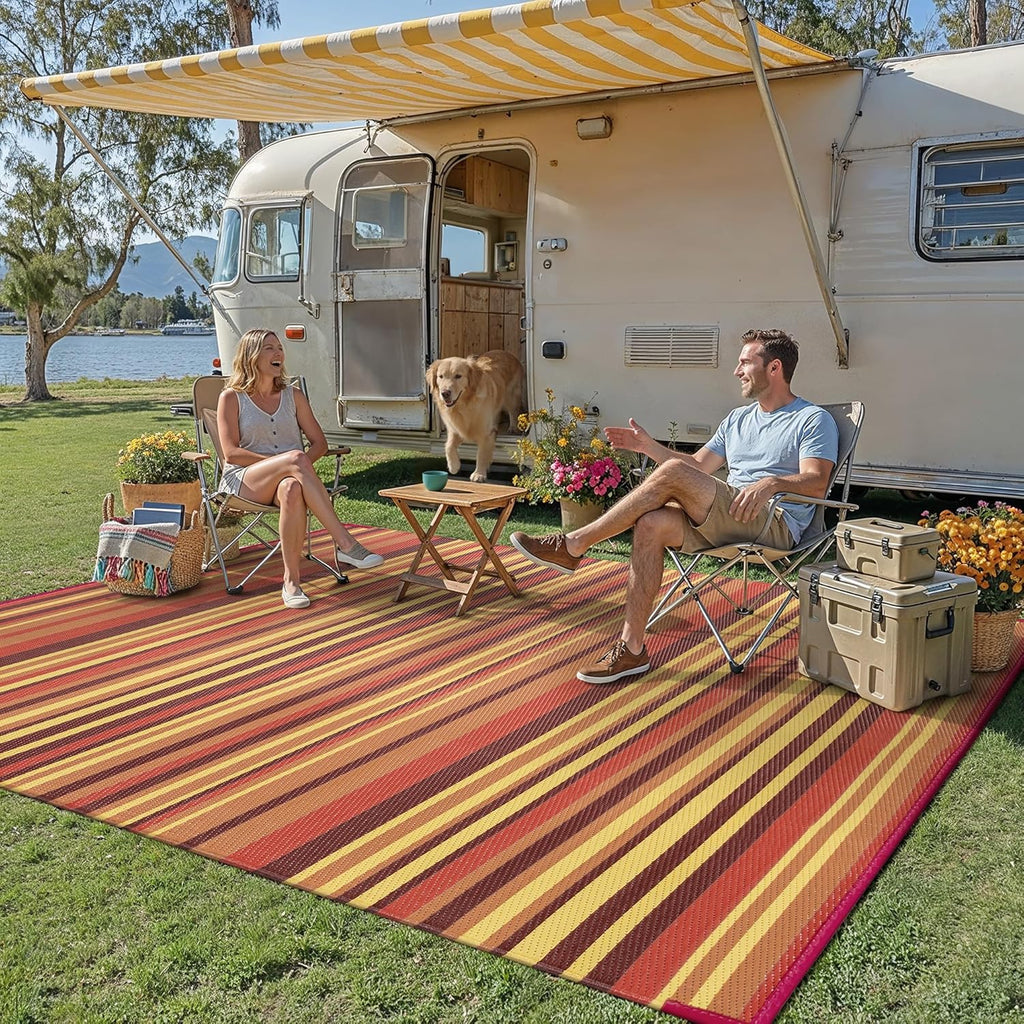Outdoor Plastic Straw Rug Waterproof Patio 8x10 Red Orange Stripe Mat for Porch Camping RV Balcony D