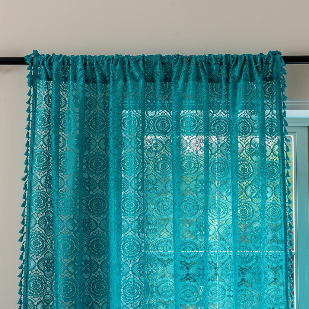 Boho Lace Curtains 84 inch Length, Teal Sheer Window Panels