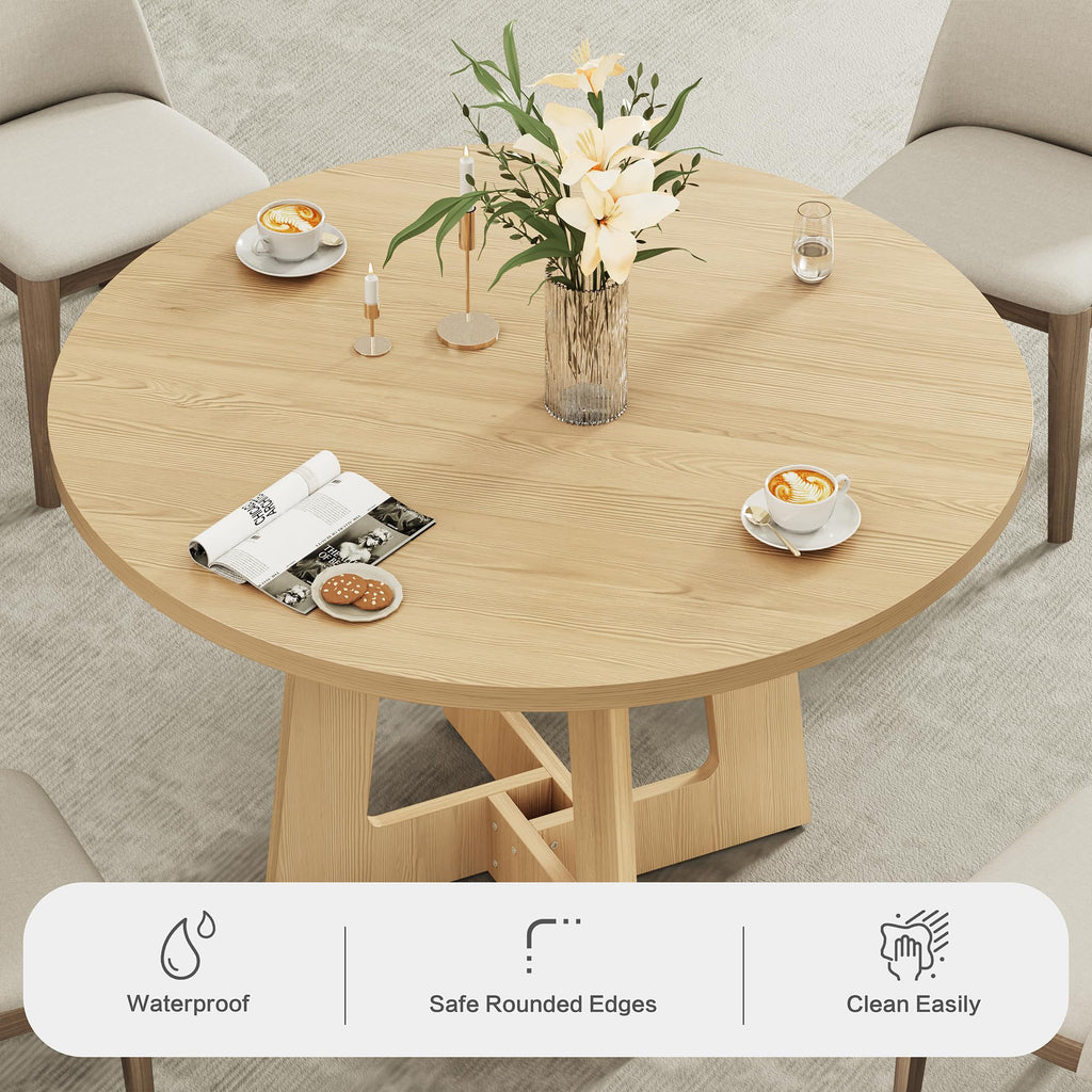 Round Dining Table for 4, Farmhouse Kitchen Table, Wooden Circle Table, 300lb Capacity & Easy Assembly Dining Room