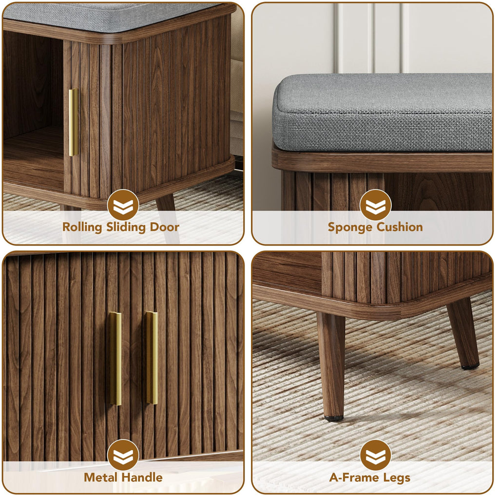 Shoe Storage Bench with Cushion and Sliding Doors, 39 Inch Shoe Bench with Storage, Freestanding Entryway Bench with
