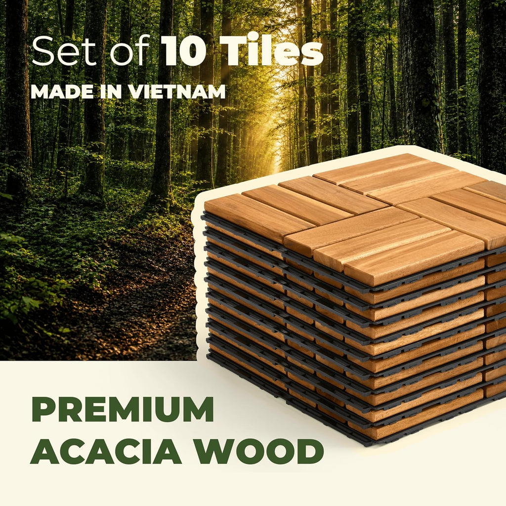 Premium Deck Tiles, 10 PCS 12x12 Outdoor Patio Floor Tiles, Waterproof Wood Flooring Tiles, Snap Tiles for Patio