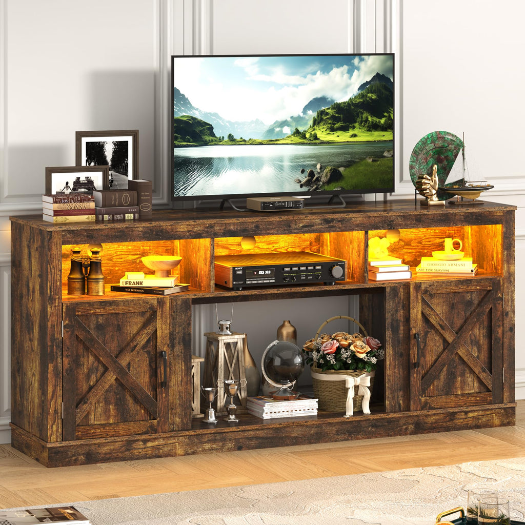 Farmhouse TV Stand for 70/75/80 Inch TV, 32"Tall Entertainment Center w/LED Light, Large Media Console Cabinet w/Barn