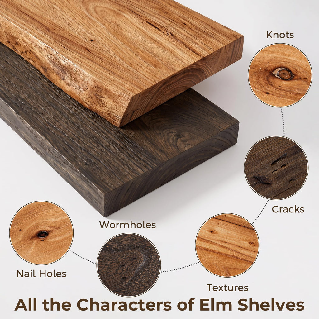 Elm Floating Shelves for Wall - 20 in Rustic Solid Wood Shelves with Heavy-Duty Invisible Bracket, Wall-Mounted