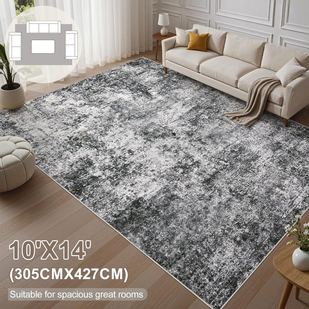 Area Rug Living Room Rugs - 10x14 Abstract Large Soft Indoor Washable Rug Neutral Modern Low Pile Ca