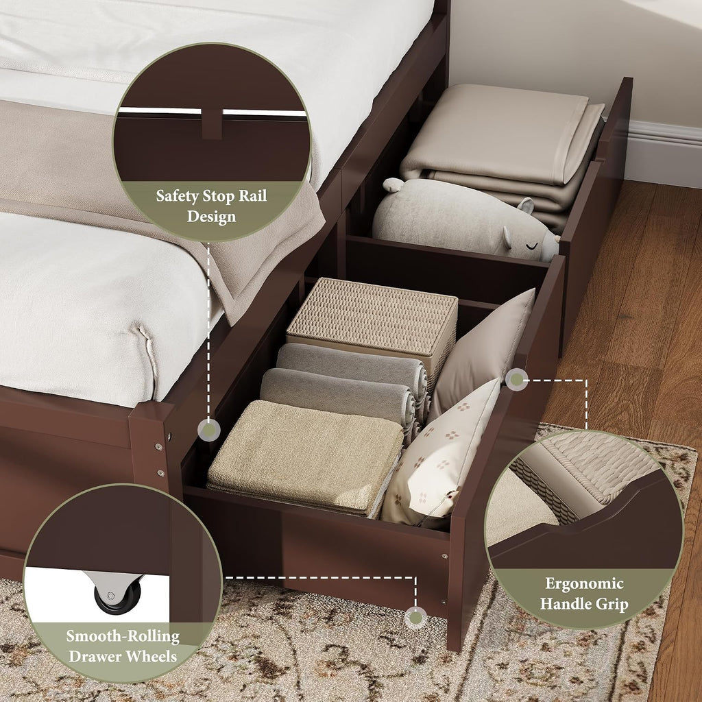 Solid Wood Queen Storage Bed Frame with 50" Headboard, Espresso