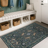 Vintage Large Entryway Rugs Indoor, 3x5 Washable Blue and Green Floral Rugs
