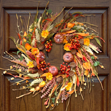 26 Inch Pumpkin Fall Wreath for Front Door Outside with Pinecones Berries