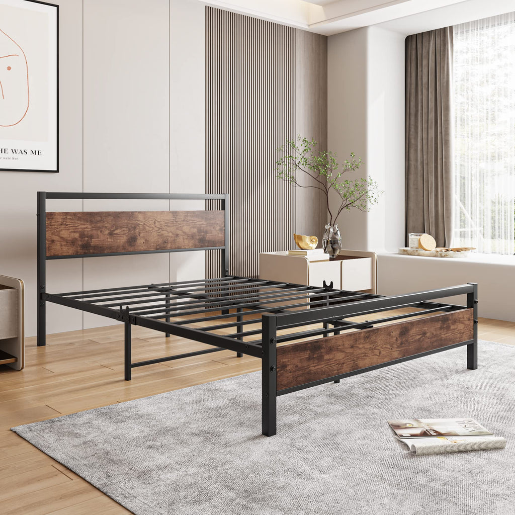 Bed Frame with Headboard, Wood Bed Frame Rustic Brown