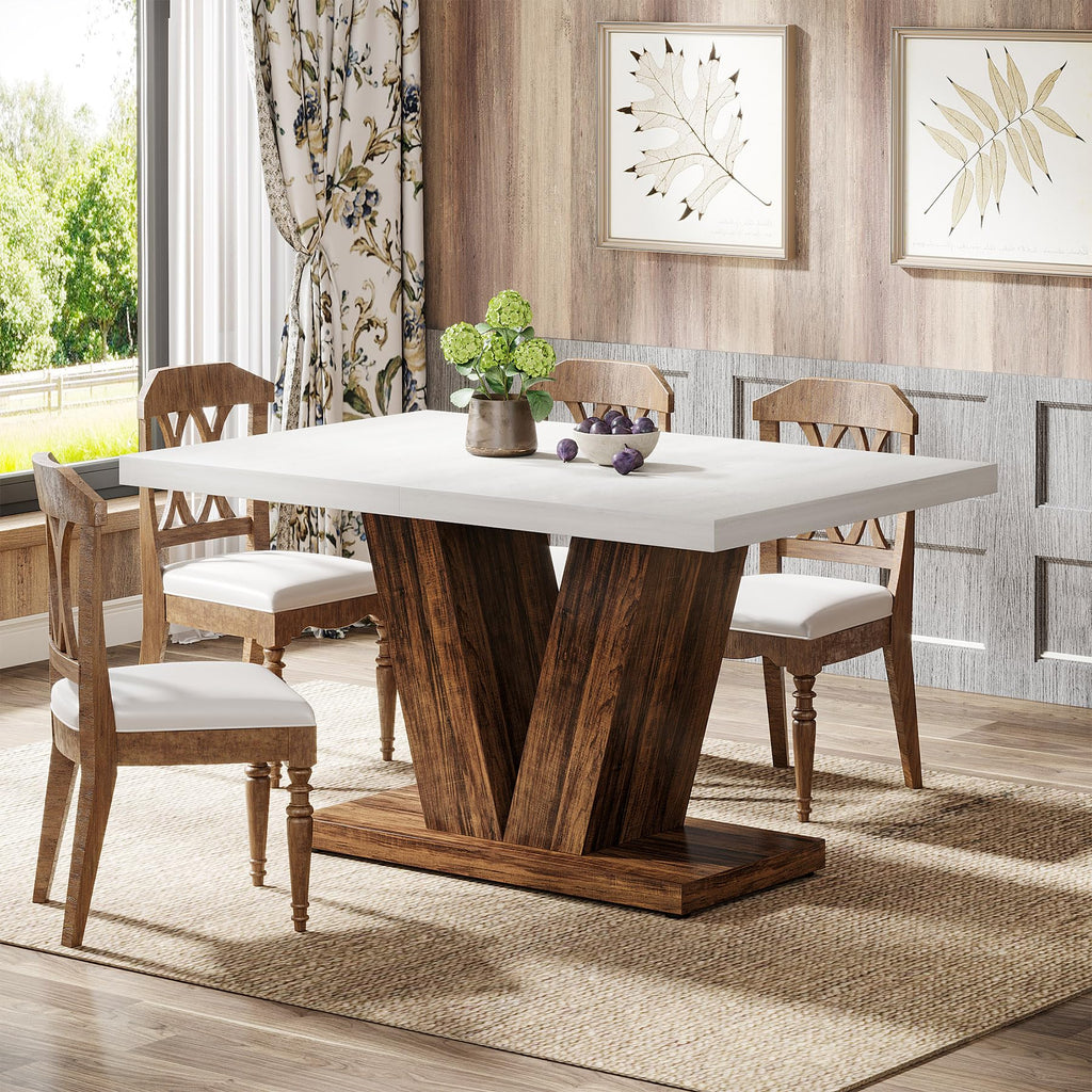 47-Inch Dining Table for 4, White Kitchen Dinner Table with Heavy Duty Pedestal, Farmhouse Wooden Eating Table