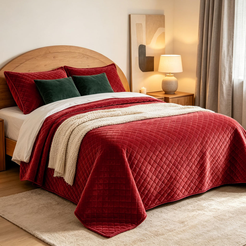 Oversized King Quilt 120x120 Velvet Red Bedspread Set