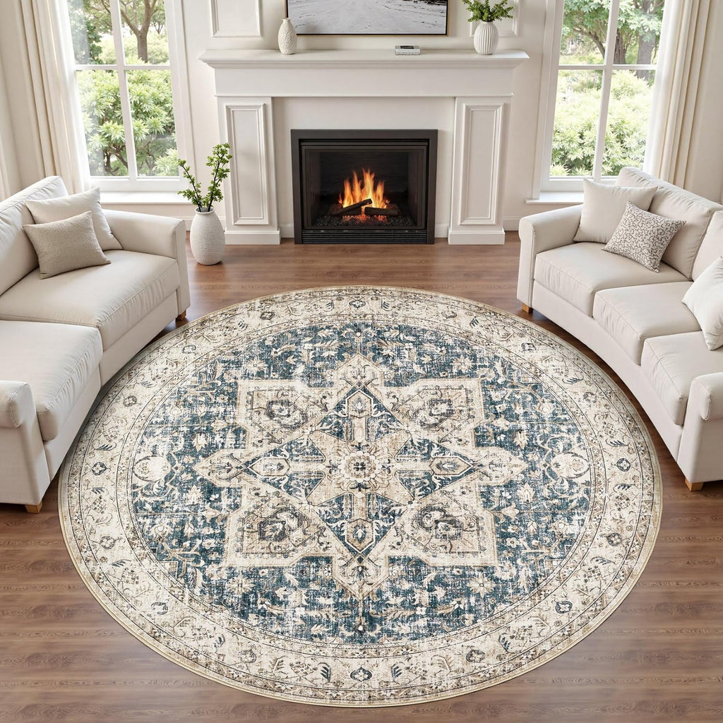 8' Round Area Rug Living Room Rugs - Washable Boho Rug Vintage Oriental Distressed Farmhouse Large T