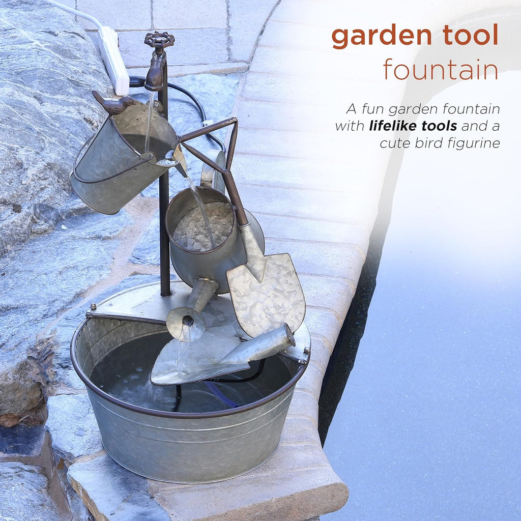 Outdoor Floor 3-Tiered Metal Garden Tools Water Fountain, Tools and Faucet Waterfall, 28", Gray