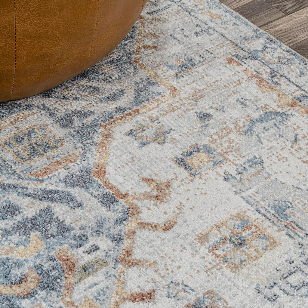 Machine Washable Indoor Area Rug Cream/Blue/Terra, Shaemus Bohemian Medallion Low-Pile, Easy-Cleaning