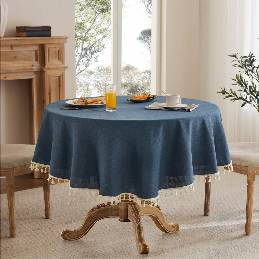 Tassel Linen Round Table Cloth, Navy 60 Inch