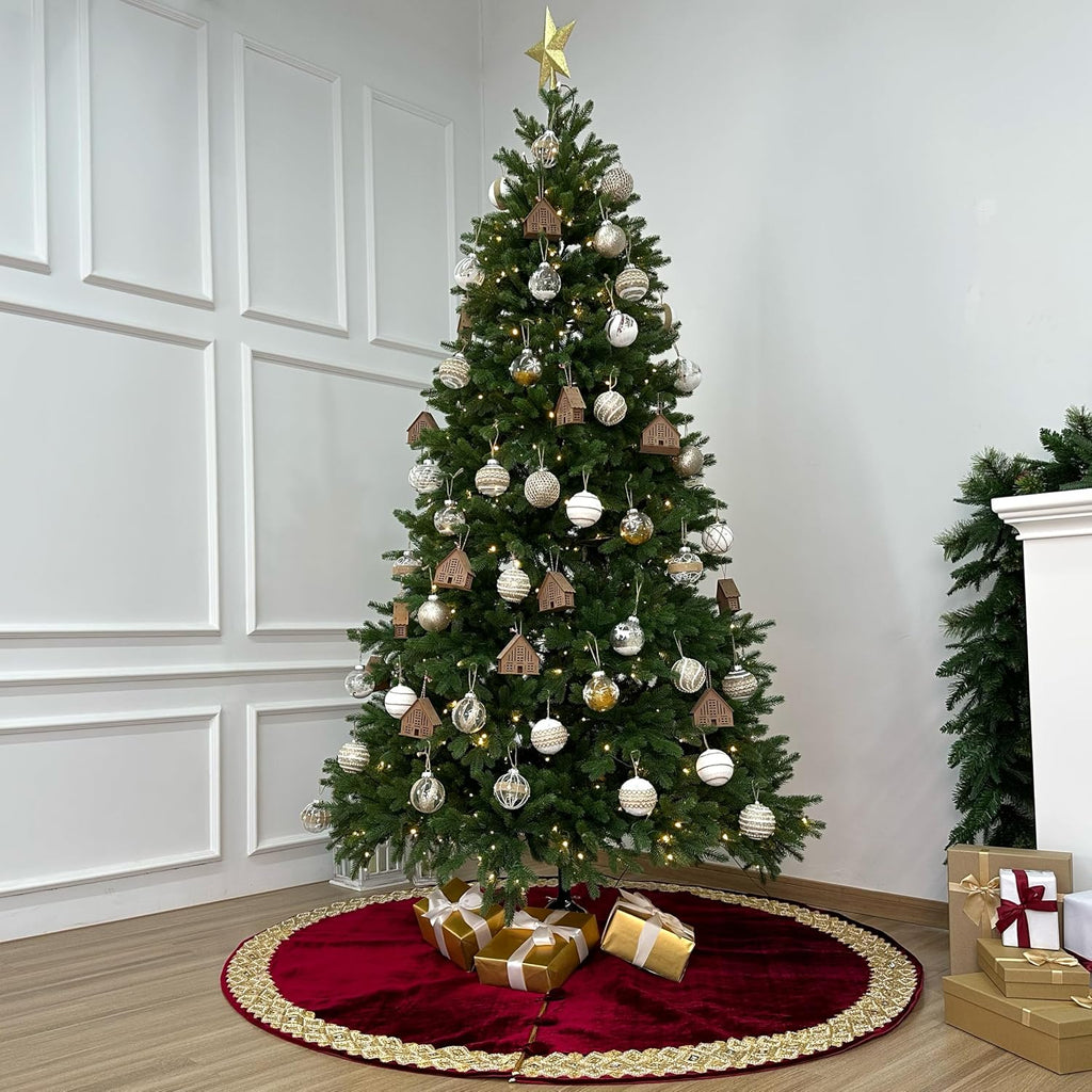 72-Inch Venetian Gilded Velvet Christmas Tree Skirt with Gold Embellished Border, Foam-Padded, Button Closure