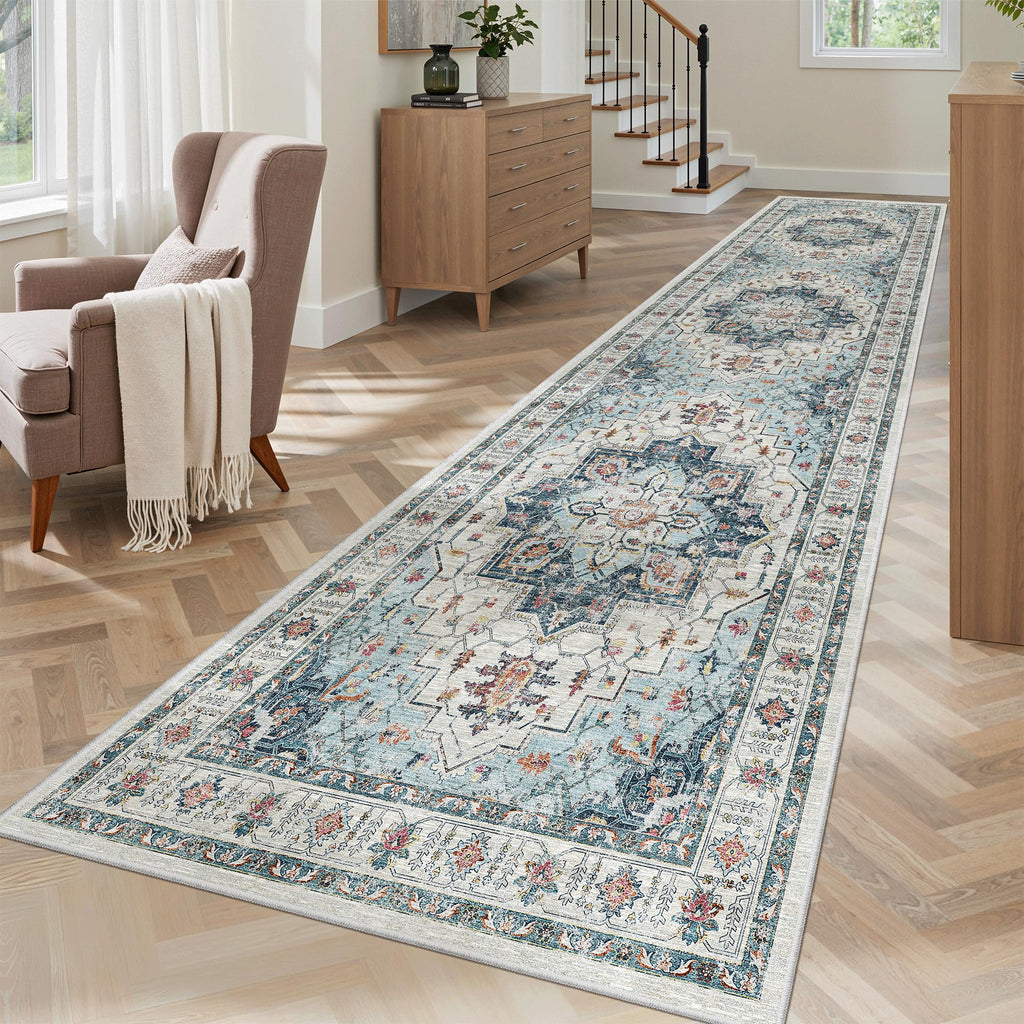 Hallway Runner Rug 2'6''x10' Blue, Washable Vintage Kitchen Runners