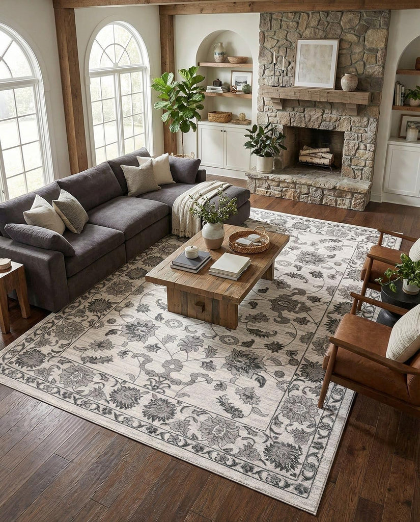 Boston Rug - 9' 10 x 14' 1 White Gray Easy-Clean Rug - Floral Botanical Motif
