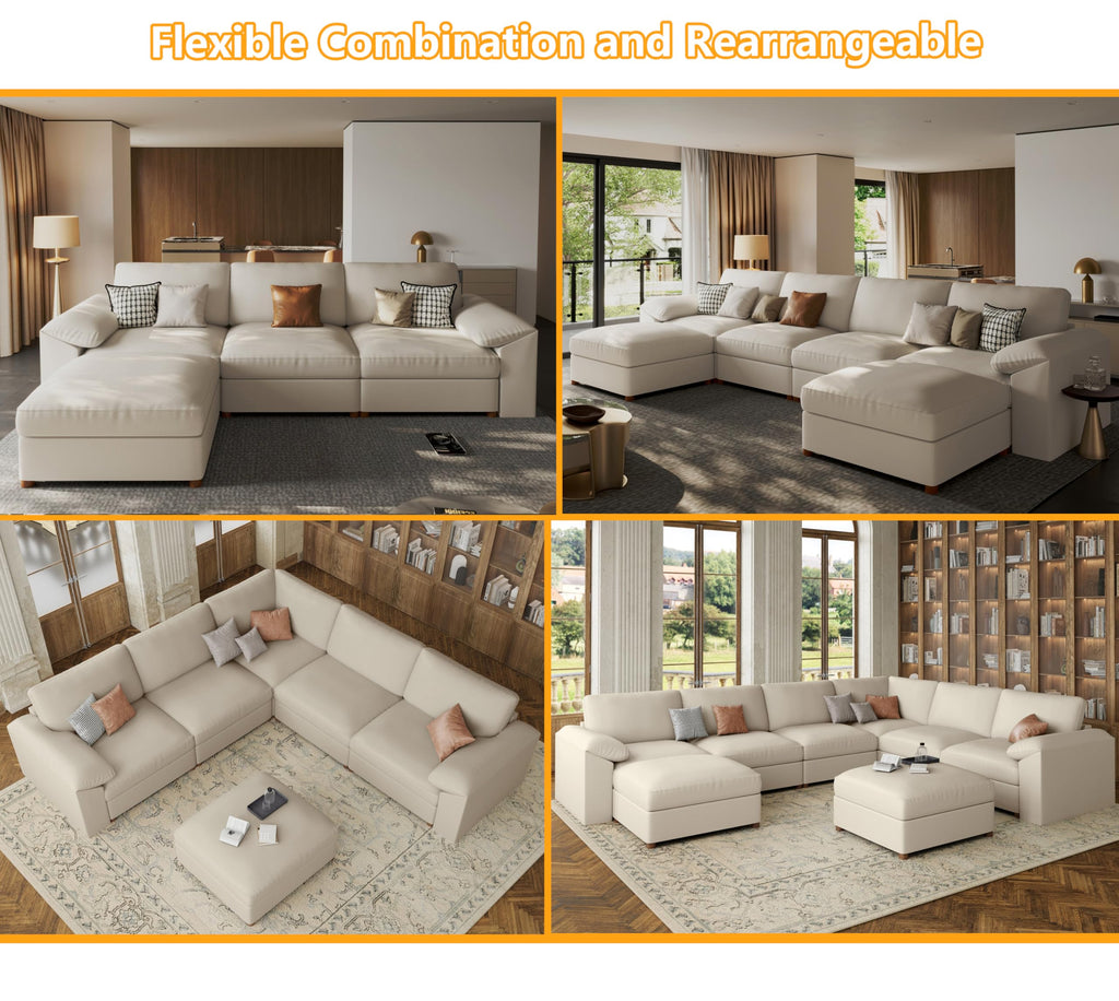 Leather Sectional Couch, L Shaped Deep Seat Modern Sofa, Beige
