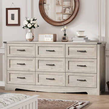 Dresser with 9 Drawers, 63" Wide Wood Chest of Drawers with Deep Drawers & Mental Handle, Modern Dresser TV Stand
