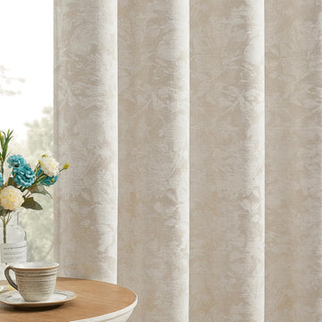 Beige Floral Jacquard Blackout Curtains 84 Inches Long 2 Panels for Bedroom Living Room Flower Chenille Room