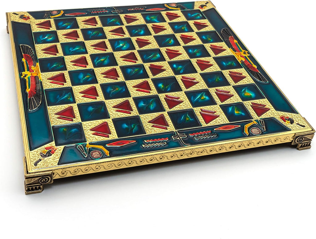 Handmade Egyptian Metal Chess Set in Wooden Box