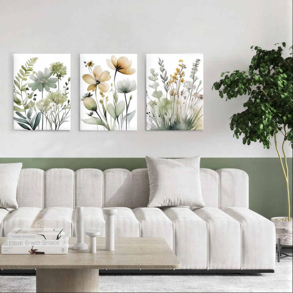 Framed Sage Green Botanical Wall Art Set of 3 Boho Floral Canvas Wall Decor Paintings Minimalist Flower Posters