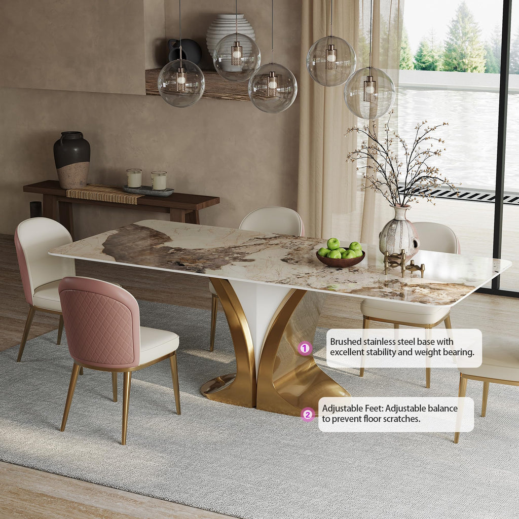 79'' Rectangular Dining Table for 8-10 People, Modern Sintered Stone Kitchen Table Top with Gold Metal Legs, Luxury