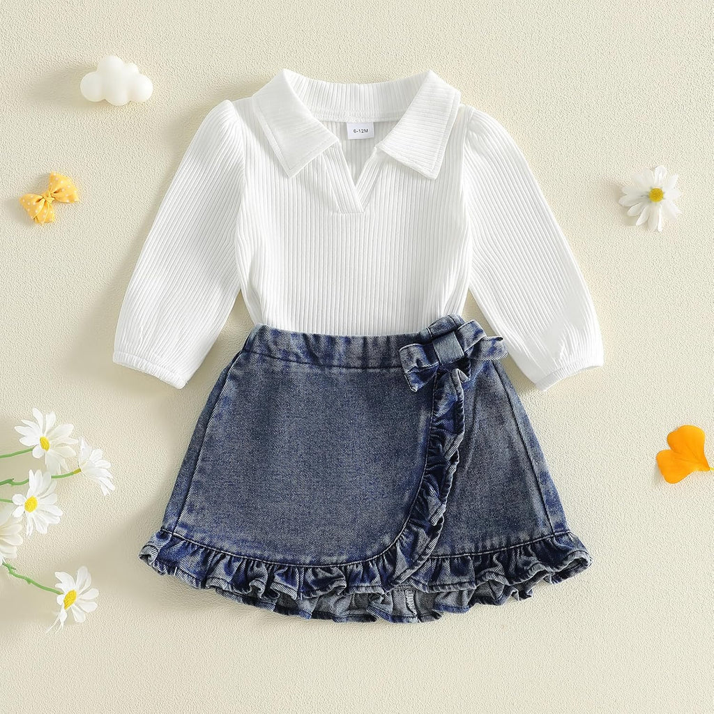 Toddler Baby Girl Fall Outfits Long Sleeve Lapel Collar Ribbed Shirt Tops Ruffle Jean Skirt Set Cute Clothes