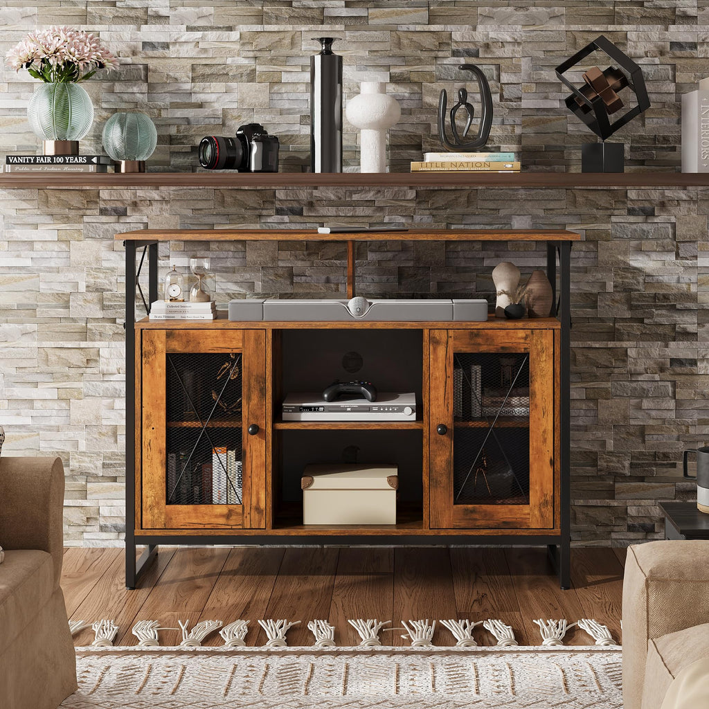 TV Stand for 43 Inch TV, Small Entertainment Center with Storage Cabinet & Adjustable Shelves, Farmhouse Industrial